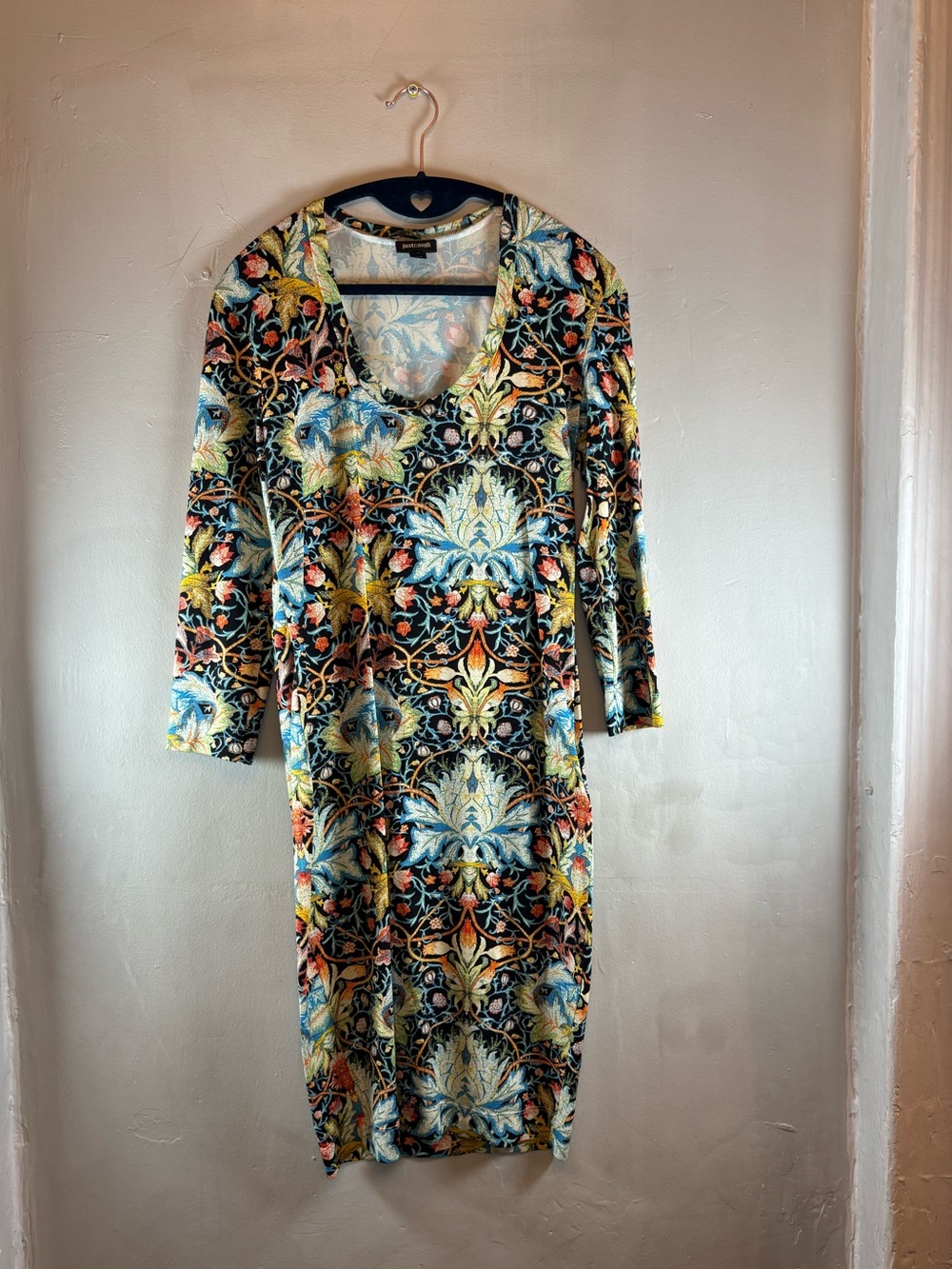 Just Cavalli Floral Tapestry Print Bodycon Midi Dress Sz L